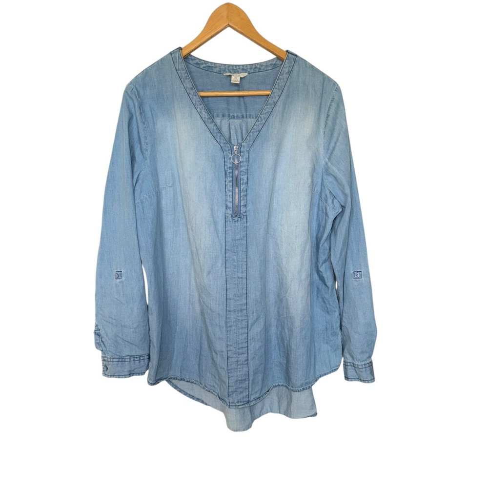 Est 1946 chambray popover zip V-neck roll tab sleeves (flawed) XL - Picture 2 of 12
